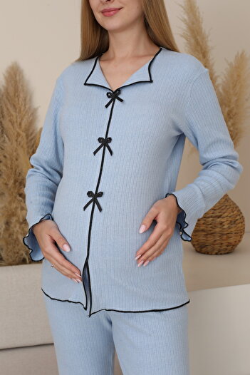 Miss Dünya Lissa Pregnant and Postpartum Women's Long Sleeve Soft Fabric Bow Tie Waist Adjustable Pajama Set