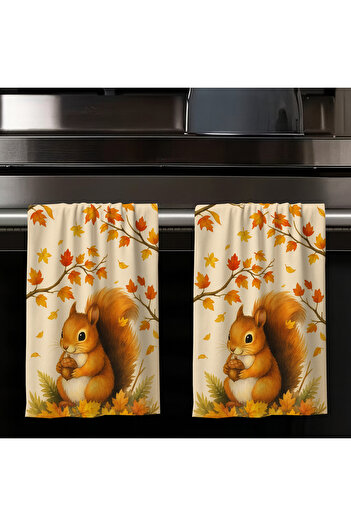 Else Dekor Autumn Squirrel Patterned Set of 2 Decorative Washable Cotton Kitchen Oven Hand Towels
