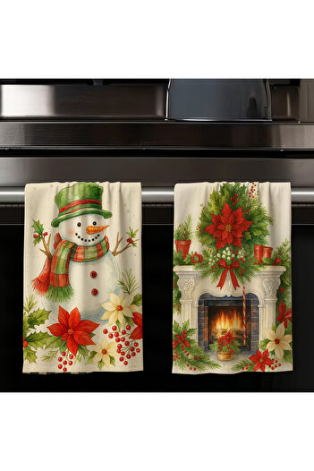 Else Dekor New Year Themed Patterned Set of 2 Decorative Washable Cotton Kitchen Oven Hand Towels