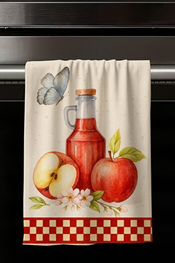 Else Dekor Red Apple Fruits Patterned Set of 2 Decorative Washable Cotton Kitchen Oven Hand Towels