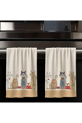 Else Dekor Set of 2 Decorative Washable Cotton Kitchen Oven Hand Towels with Cute Cats Pattern