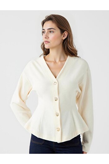 Jimmy Key Ecru V-Neck Straight Cut Button Detailed Knitted Jacket