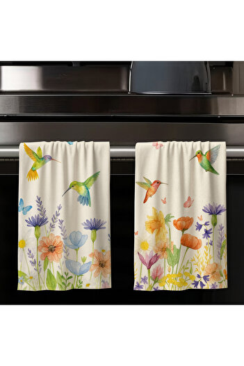 Else Dekor Flowers and Birds Patterned Set of 2 Decorative Washable Cotton Kitchen Oven Hand Towels