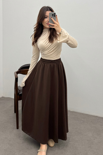 Bipantolon Women's Brown Elastic Waist Scuba Flared Skirt