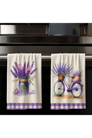 Else Dekor Purple Lavender Flower Bicycle Patterned Set of 2 Decorative Washable Cotton Kitchen Oven Hand Towels