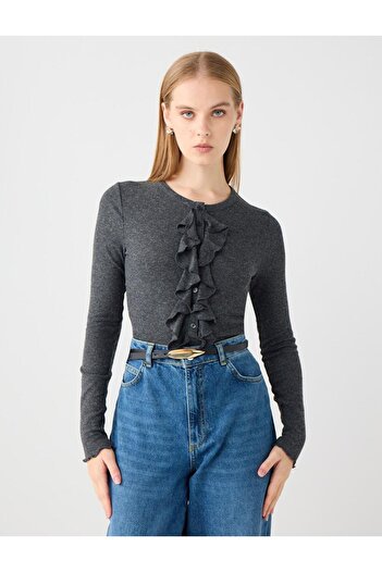 Jimmy Key Anthracite Slim Fit Round Neck Long Sleeve Ruffle Blouse