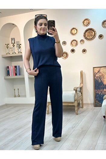 MELTEM TUĞAN High Waist Front Flotated Glittery Knitwear Trousers Dark Blue
