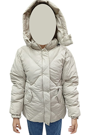 İrem Çocuk Giyim Girl's Quilted Model Coat with Plush Lining, Detachable Hood, Zipper and Snap Closure, Stone Color