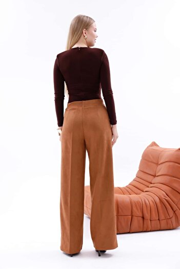 Pulli Collection Yüksek Bel Geniş Paça Süet Pantolon