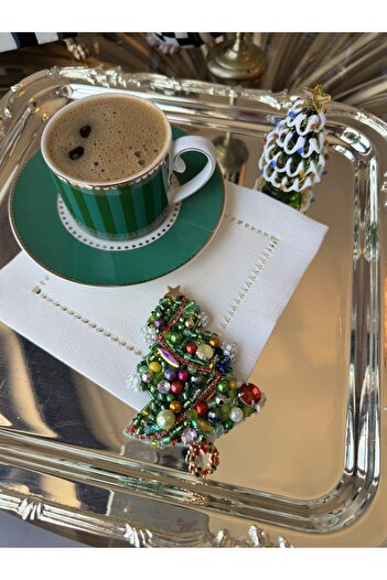Hatice sakallı design 1 Piece 2025 Christmas New Year Pine Tree Embroidered Coffee Side Serving Napkin