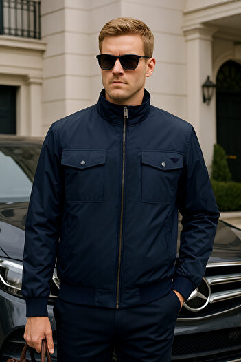 BESSA Navy Blue Waterproof Stand Collar Regular Fit Seasonal Men's Coat with Cargo Pockets and Lining