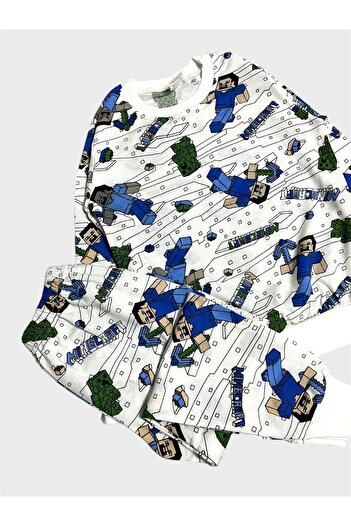 tusem butik homewear Boy's Cotton White Blue Cube Patterned Long Sleeve Seasonal Pajama Set