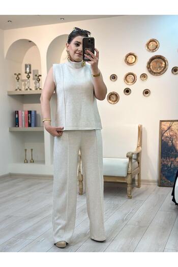 MELTEM TUĞAN High Waist Front Flotated Glittery Knitwear Trousers Beige