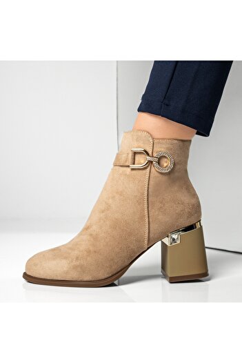 BMoD Women's khaki boots with a heel and decorative accessories MOD12882