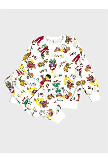 ALİŞ KİDS Girl's Cotton White Balloon Girl Patterned Long Sleeve Seasonal Pajama Set