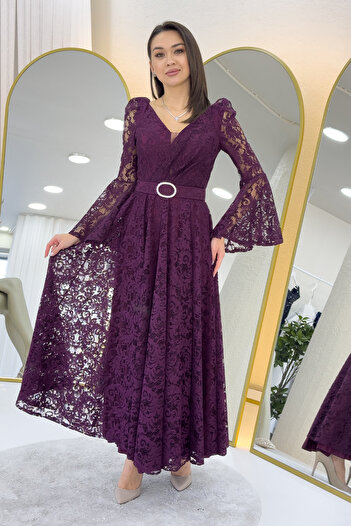 zks grup tekstil Women's Double Breasted Collar Belt Detailed Lace Long Sleeve Midi Dress Black, Saks, Purple, Plum, White, Burgundy