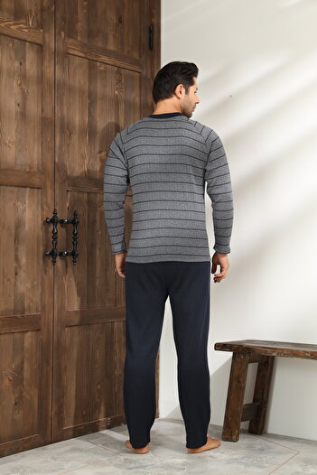 CALİA Winter Men's Interlock Collar Buttoned Long Sleeve Pajama Set