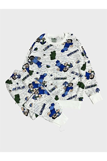 tusem butik homewear Boy's Cotton White Blue Cube Patterned Long Sleeve Seasonal Pajama Set