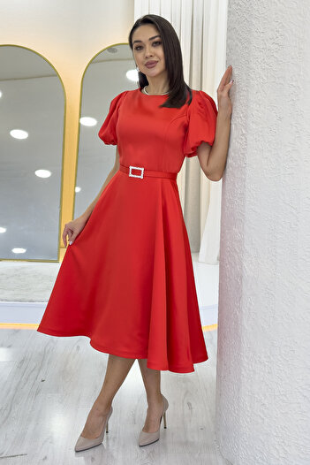 thezkscom Women's Balloon Sleeve Stone Belted Midi Length Satin Evening Dress Indigo, Black, White, Red, Navy Blue, Saks