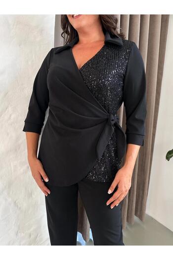 Butik Nilyam Women's Plus Size Double Breasted Collar Long Sleeve One Direction Sequin Detailed Blouse 25008 Black