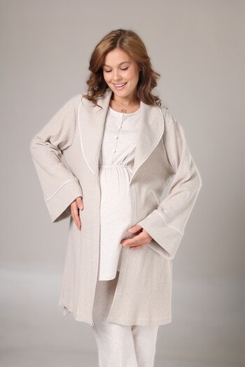 Pelin Women's Beige Shawl Collar Ribbed Adjustable Waist Maternity 3-Piece Pajama Set