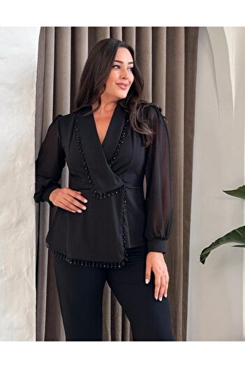 Butik Nilyam Women's Plus Size Double Breasted Collar Chiffon Sleeve Stone Detailed Jacket Front Piece Blouse 25008 Black
