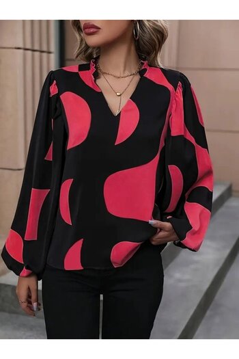 Modayakamoz New Season V-Neck Patterned Modal Blouse Women's Long Sleeve Casual Chic