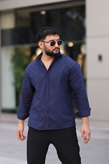 Bürke Flam Linen Textured Long Sleeve Navy Blue Color Half Oversize Men's Shirt