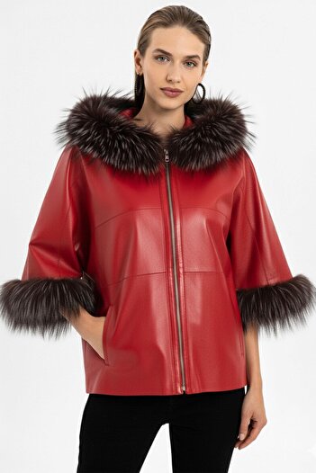 Deriderim Lulu Red Poncho Double-Sided Genuine Leather Coat