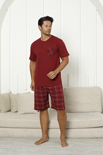 Line Smart Men's 100% Organic Natural Cotton Plaid Pocket Detail Quality Short Sleeve Shorts Pajama Set