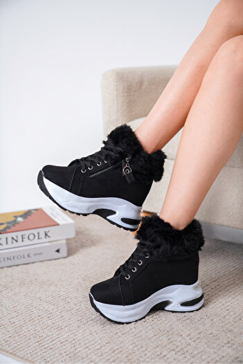 Cananın Pabuçları Cnp 01-01 Hidden Heel Fur Detail Lace-Up Boots