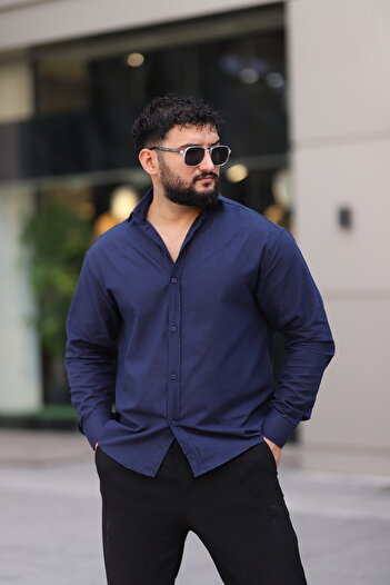 Bürke Flam Linen Textured Long Sleeve Navy Blue Color Half Oversize Men's Shirt