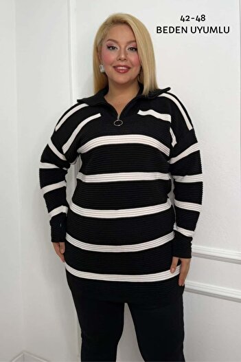tarzımsüper Women's Plus Size Striped Collar Zippered Knitwear Blouse