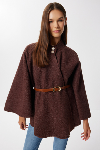 Lovelyİstanbul Belted Buttoned Boucle Poncho Lmw0030 Brown