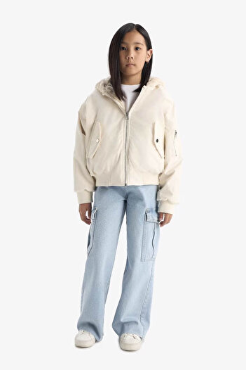 DeFacto Double-Sided Hooded Ecru Girl's Coat C5339A8/Er99