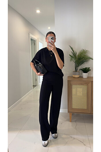 BİRCANÇİL Emma Black Ribbed Basic Pants Set
