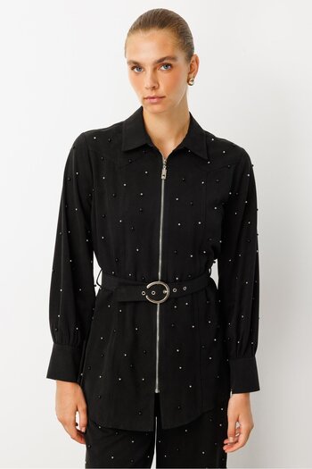 Moda İlgi Modailgi Zipper Closure Pearl Detail Belted Comfortable Cut Tunic - 40041 Black