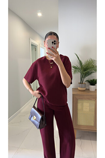 BİRCANÇİL Emma Burgundy Ribbed Basic Pants Set