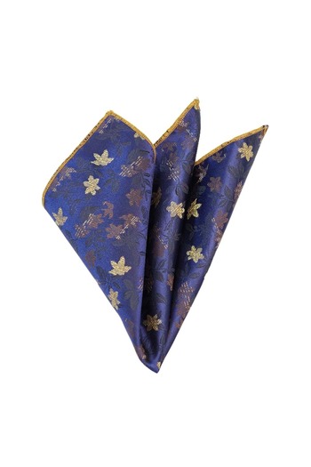 Exve Exclusive Navy Blue with Gold Copper Floral Jacquard Satin Woven Pocket Accessory Collar Handkerchief