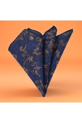 Exve Exclusive Navy Blue with Copper Saks Flower Printed Pocket Accessory Collar Handkerchief