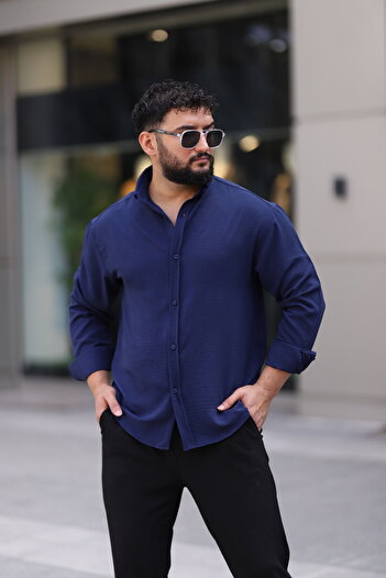 Bürke Ayrobin Long Sleeve Navy Blue Color Half Oversize Men's Shirt