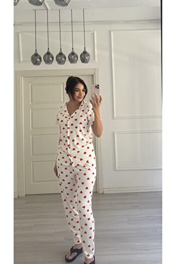 Daves 100% Cotton White Shirt Collar Heart Short Sleeve Pajama Set Regular