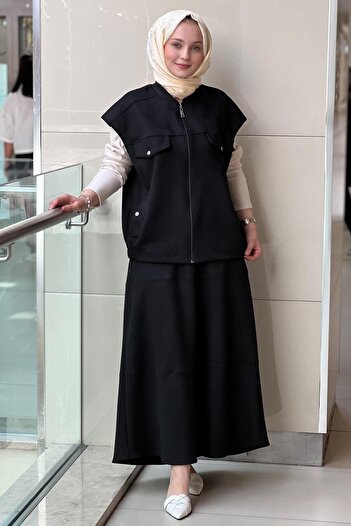 Mahal Crochet Knitwear Suede Vest Flared Skirt Set