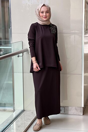 Nurcan Çetin Shoulder Flower Beading Embroidered Tunic Skirt Set