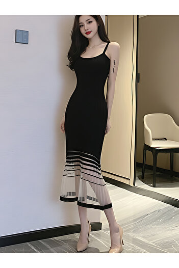 dorbe Elegant Black and Beige A-Line Midi Dress