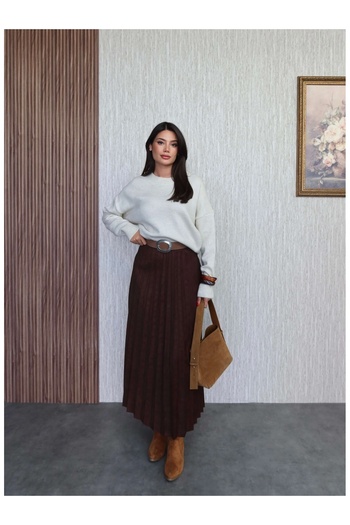 ESRAHELVACI Belted Pleated Suede Long Skirt
