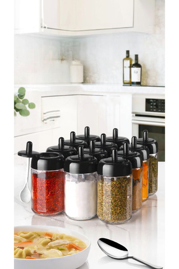Justyol 12-Piece 305 ml Glass Spice Jar Set with Spoons – Spice Set with Labeled Lids