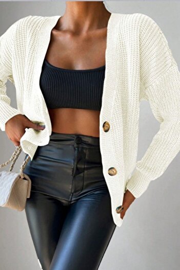 Mossta V-Neck Buttoned Basic Knit Cardigan - White