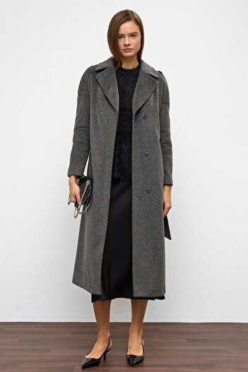 Olcay Epaulette Detailed Snap Closure Oversize Mohair Coat Anthracite 3147