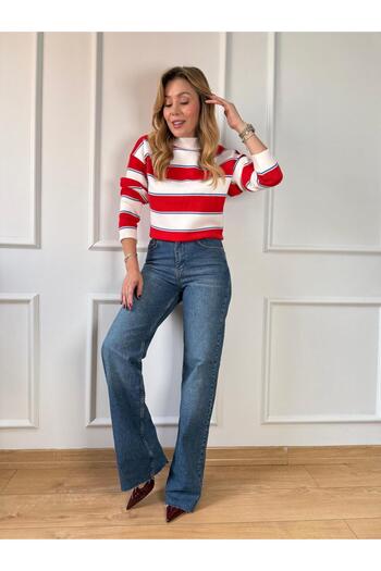 Size Özgü Red-Ecru Striped Sweater